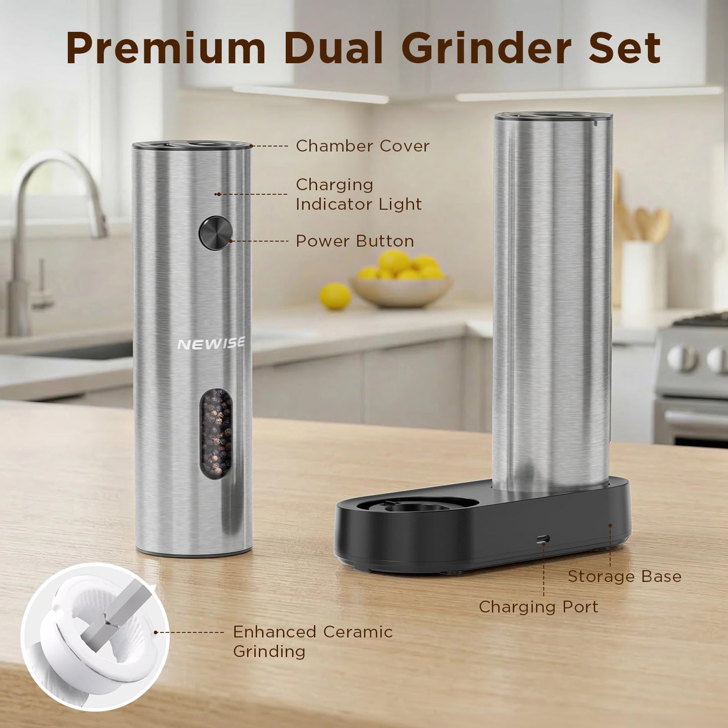 Newise Electric Salt and Pepper Grinder Set - Charging Base, Automatic Rechargeable Pepper Mill with Adjustable Coarseness, LED Lights, Large Capacity, Kitchen Appliance for Mom Wife
