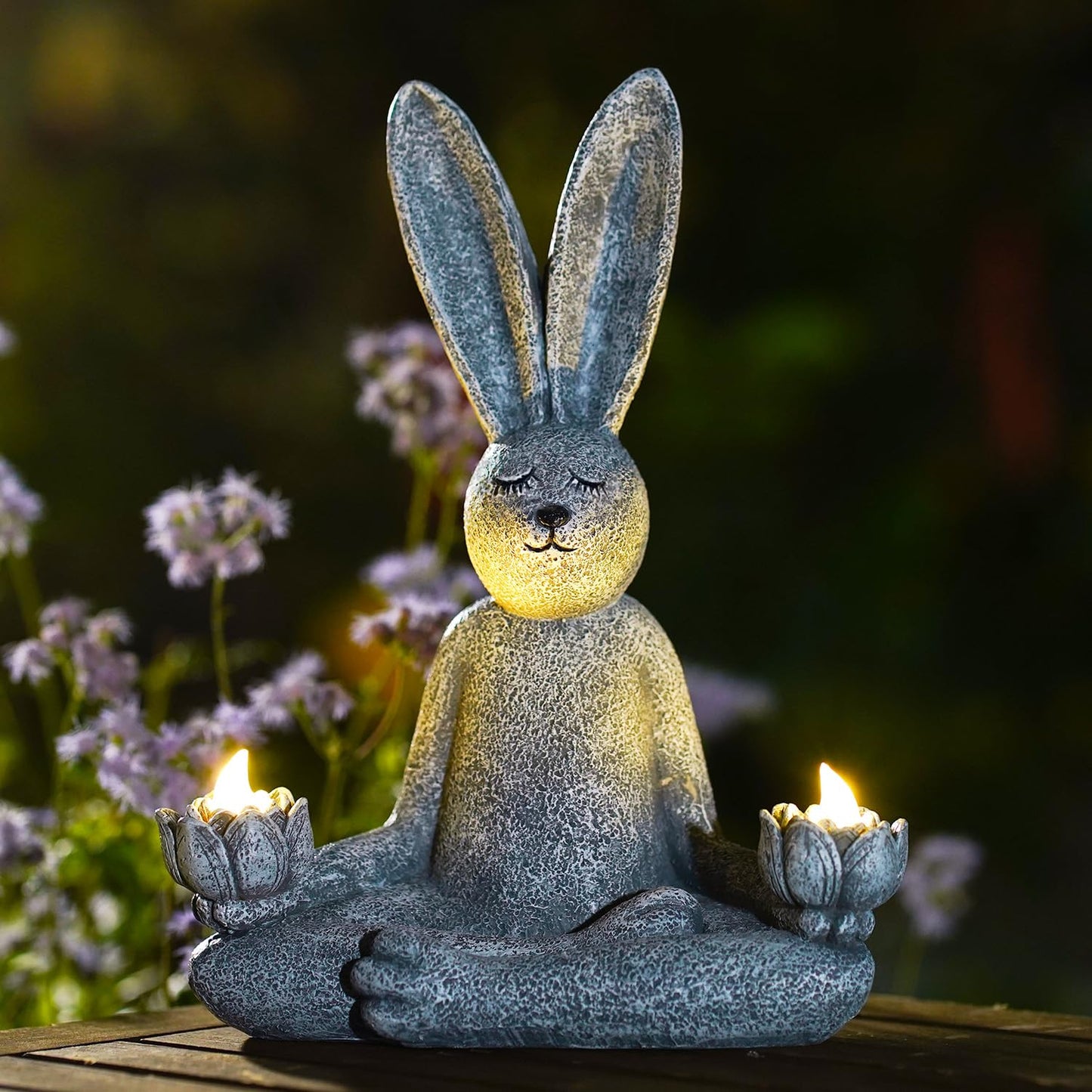 Goodeco Zen Rabbit Statue with Solar Lotus - Garden Yoga Bunny with LED Solar Lotus Lights, Sitting Meditating Buddha Rabbit Serene Resin Figurine for Patio Yard Lawn Ornaments, Home or Outside