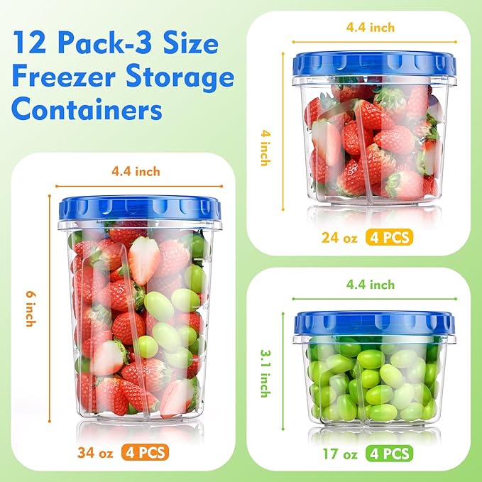 12 Pack- 34/24/17oz Freezer Storage Containers, Plastic Food Storage Containers