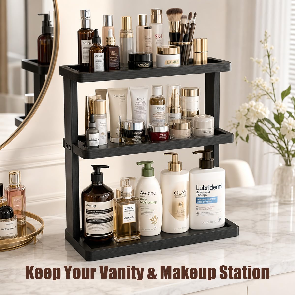 PEKER Bamboo Bathroom Organizer Countertop – Vanity Storage Shelf for Makeup, Perfume, Skincare – Natural Cosmetics Display Rack for Dresser, Sink, Kitchen – Black