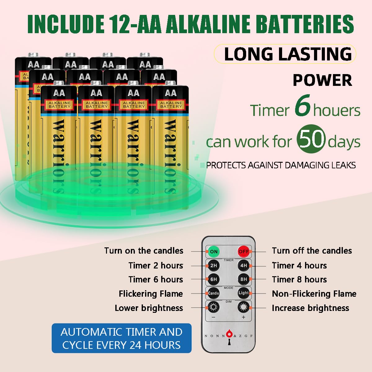6PACK Flameless Battery Powered 8'' Ivory Taper Windows Candles, Include 12 AA Batteries, with Remote and Timer, with Suction Cup and Removable Silver Candleholders, Remote Included, Patented