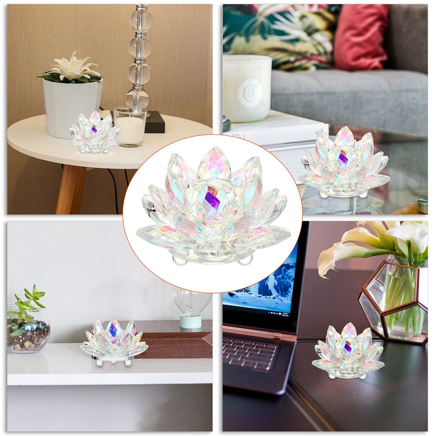 OwnMy 4 Inch Sparkle Crystal Lotus Flower Figurines Decorative Lotus Flower Ornament, Glass Lotus Feng Shui Decor Crystal Flower Paperweight for Home Office Tabletop Centerpieces