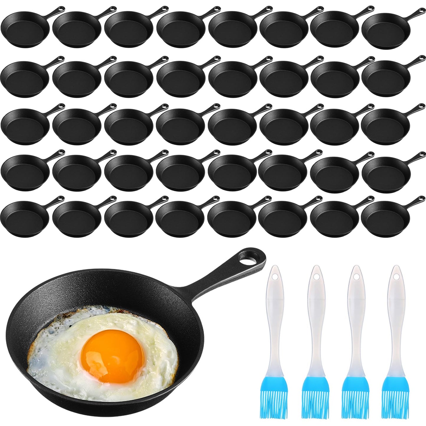 Remerry 40 Sets 4 Inches Cast Iron Skillets Mini Black Iron Nonstick Frying Pan Small Sizzling Plate Egg Pan Cast Pot Bundle with Oil Brush for Indoor and Outdoor Restaurant Kitchen