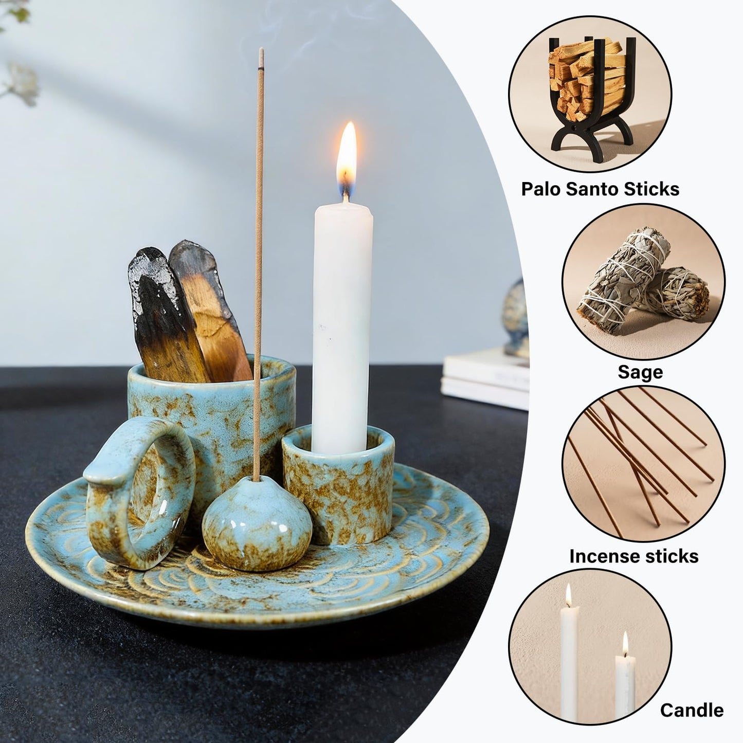 Tnstbiee 4-in-1Blue Ceramic Palo Santo Burner Holder - Small Incense Burner & Smudge Tray Bowl for Incense Sticks/Cones & Sage - Ideal for Meditation Rooms,Zen and Aromatic Scents - Matches Compatible