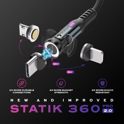 Statik 360 Pro Magnetic Charging Cable - Type C Charger Fast Charging 3 in 1 USB C to USB C Cable, Micro USB & iProduct Tips, USB A Adapter, Fits All Devices - 100W Fast Charger, Black 10FT/3M
