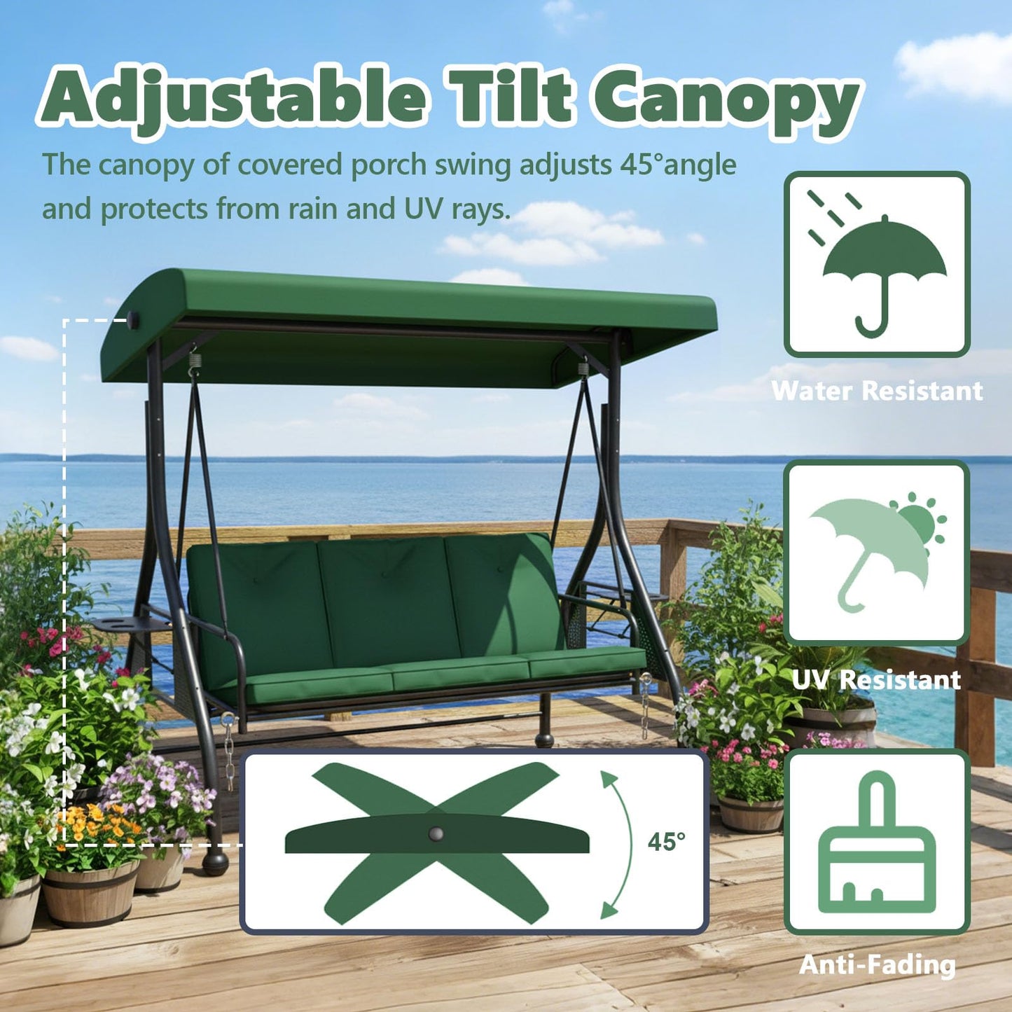 3-Seat Outdoor Porch Swing Glider with Stand, Convertible Patio Swings Bed with Foldable Side Tray & Thicker Cushion for Balcony Garden Deck Poolside - Green
