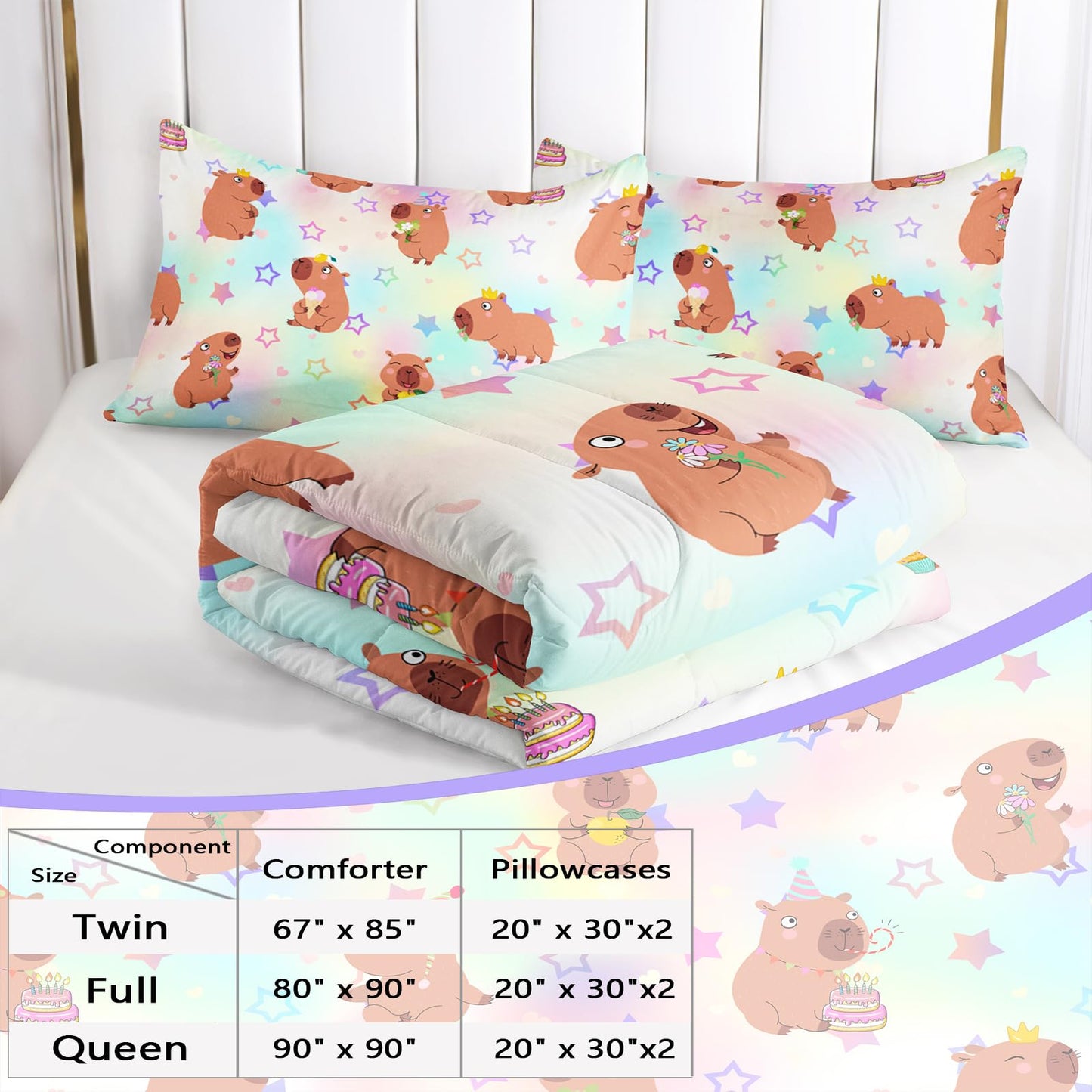 AILONEN Kawaii Capybara Comforter Set Full Size,Cute Cartoon Capybara Rainbow Bedding Set for Girls Kids,Lovely Animal Star Quilt & 2 Pillowcases-3 Pieces