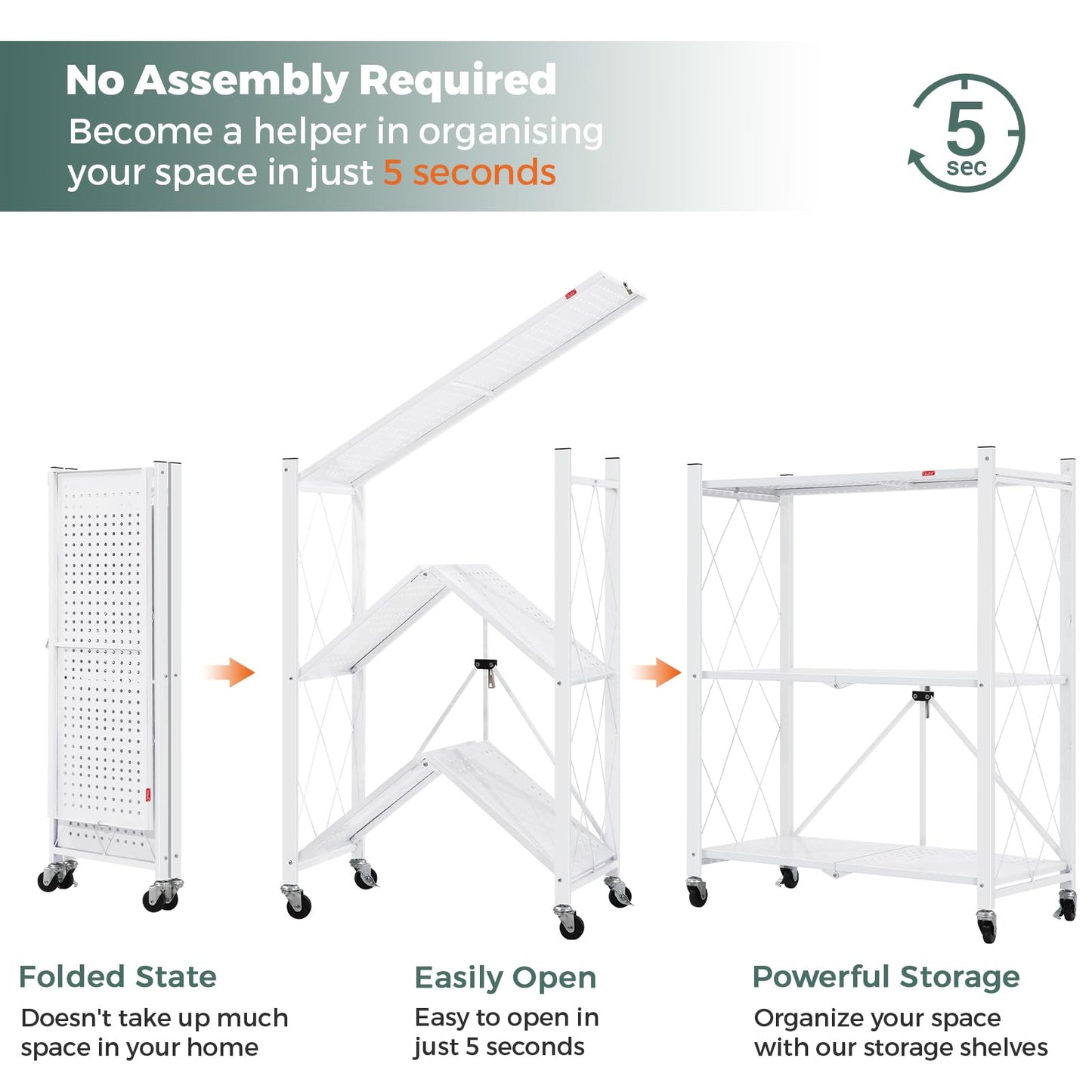 DEANIC 3 Tier Foldable Storage Shelves with Wheels, Large Capacity Shelving Unit, Freestanding Metal Wire Shelf Rack, No Assembly Organizer Rack for Garage Kitchen, Basement, Pantry(White Pack of 2)