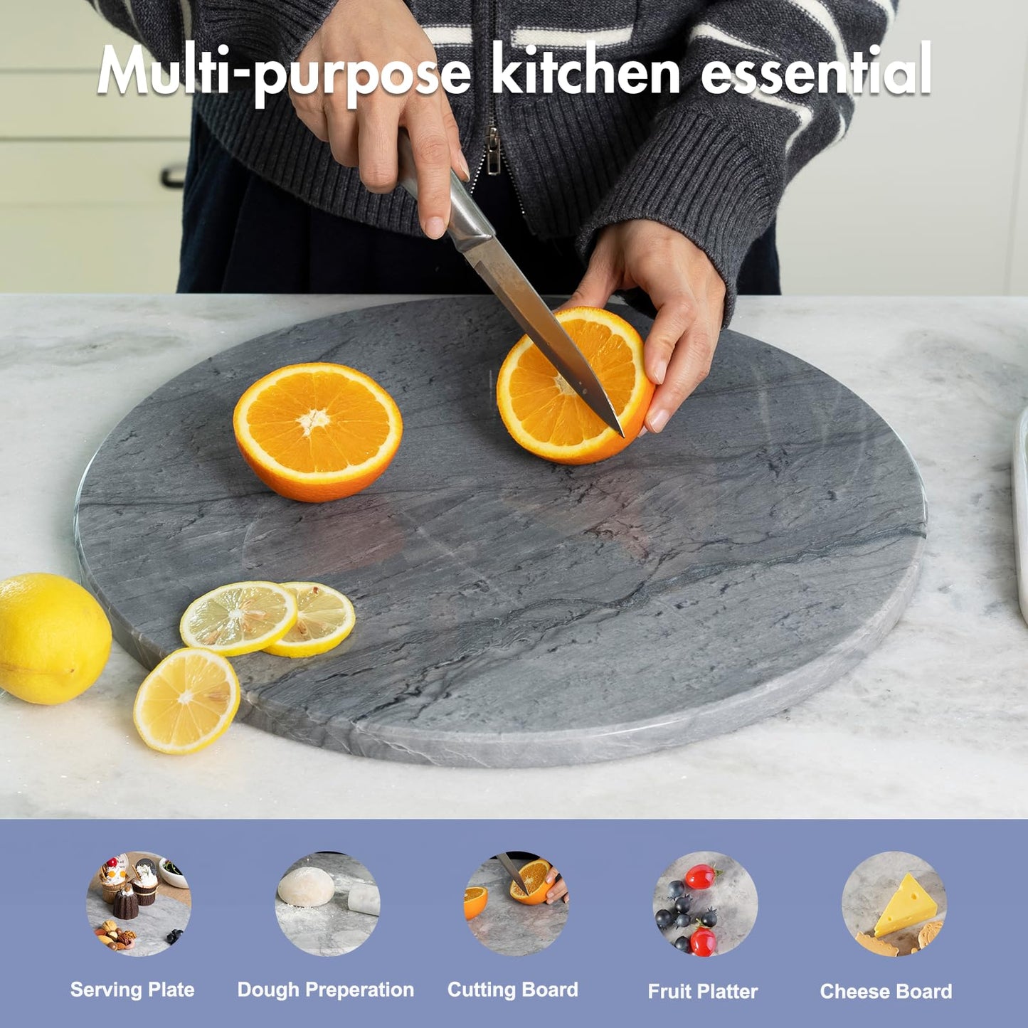 Koville 16" Grey Marble Pastry Cutting Board, Large Marble Cheese Serving Board for Kitchen Countertop, Stone Tray for Baking, Charcuterie, Trivet, Dough Pastry and Stone Cutting Boards