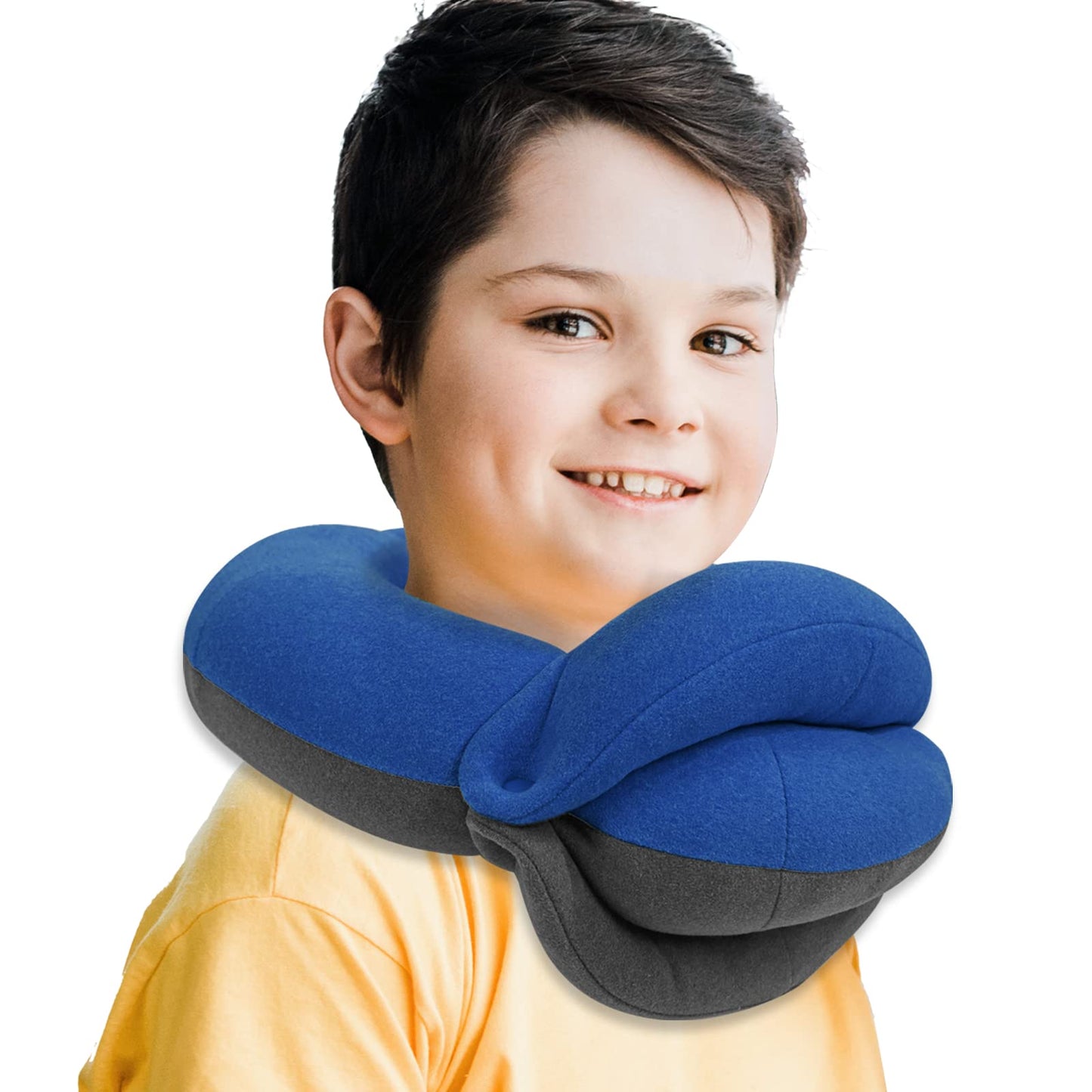 BUYUE Kids Travel Pillows for Airplane, 360° Head Support Sleeping Essentials for Boys Long Flight, Skin-Friendly Soft Neck Pillow for Traveling in Car Seat, (Small, Blue Grey, 40-100 lbs)