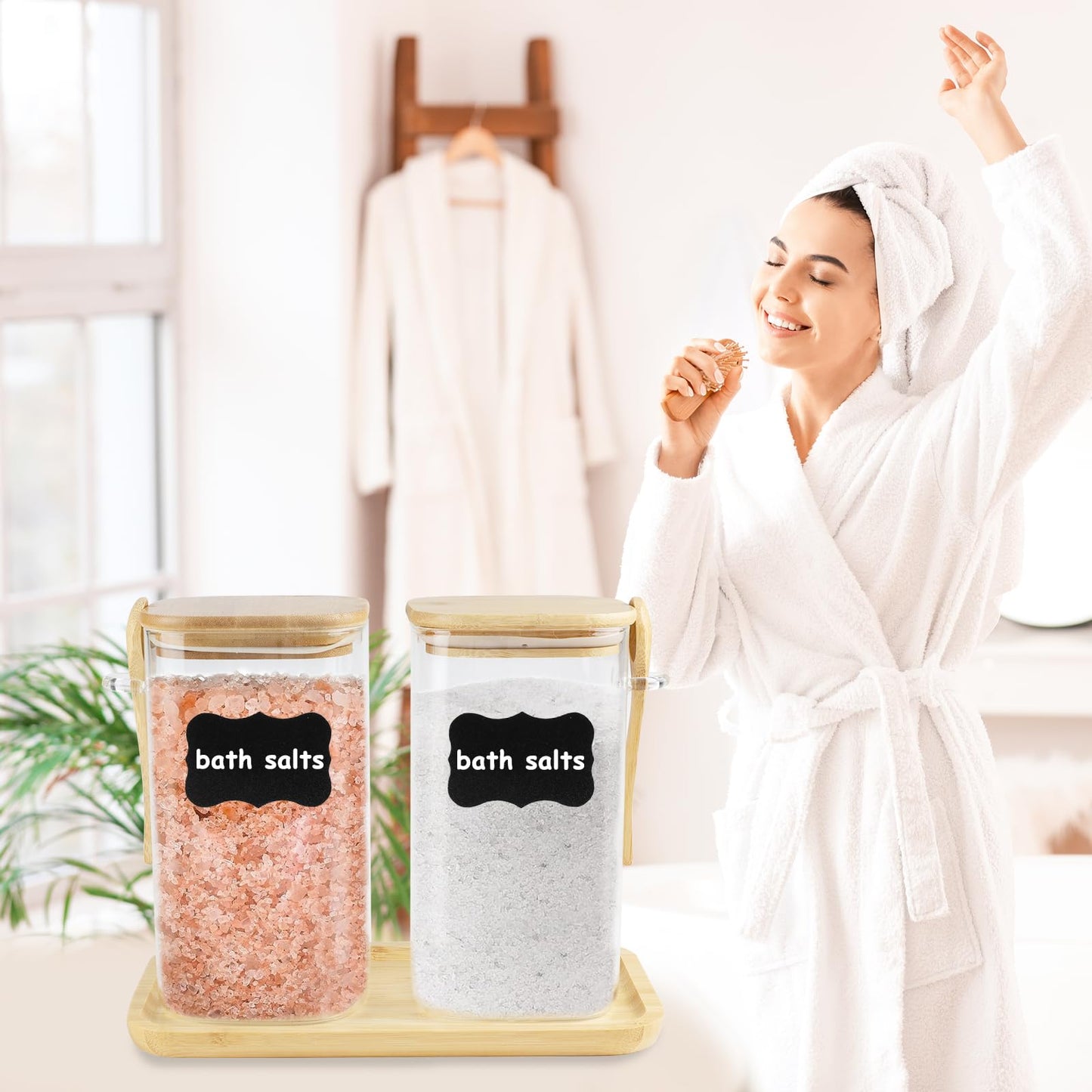 Glass Bath Salt Jars,40oz Bath Salt Container with Scoop and Airtight Lid,Clear Bathroom Salts Cellar Set for Jars with Tray,Labels and white Markers,Bathroom Decor Bathtub Accessories for Women