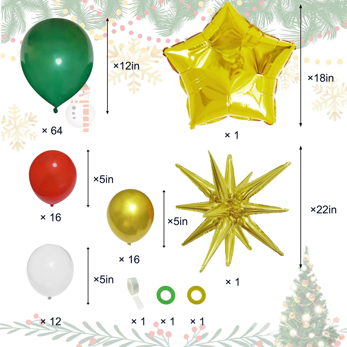 JANEF 122pcs Christmas Balloon Garland Arch Kit, Green Red Golden Latex Balloons Tree with Golden Balloons for Christmas Birthday Party Decoration