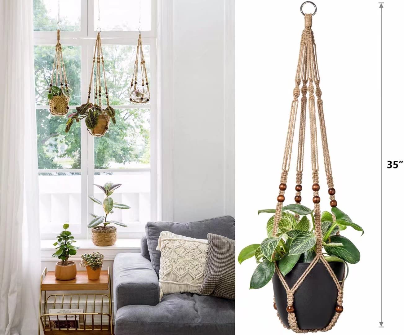 AKEIE Macrame Plant Hanger 3 Pack Indoor & Outdoor Wall Hanging Planter + 3 Hooks Hanging Planters Basket Cotton Rope 4 Legs 35 Inch Used for Herbs Ferns Ivy Crawling Plants Hanging Planters(Brown)