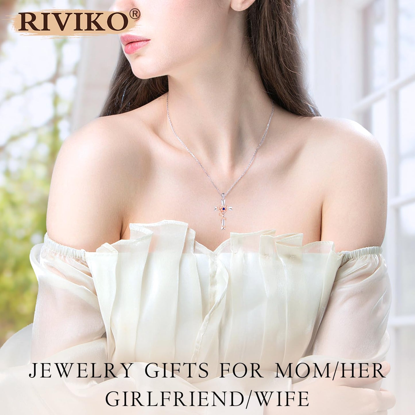 RIVIKO Mothers Day Gifts for Wife-925 Sterling Silver Cross September Birthstone Necklace for Women Cross Rose Pendant Necklaces Anniversary Jewelry Birthday Gift for Women Her Wife