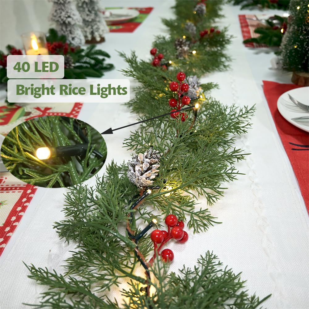 Christmas Garland Lights 6.56FT 40 LED Battery Operated Lighted Garlands with Timer Red Berry Pinecone Cypress Pine Garlands Wreath Christmas Decor for Mantel Stairs Porch Indoor Outdoor Home Decor