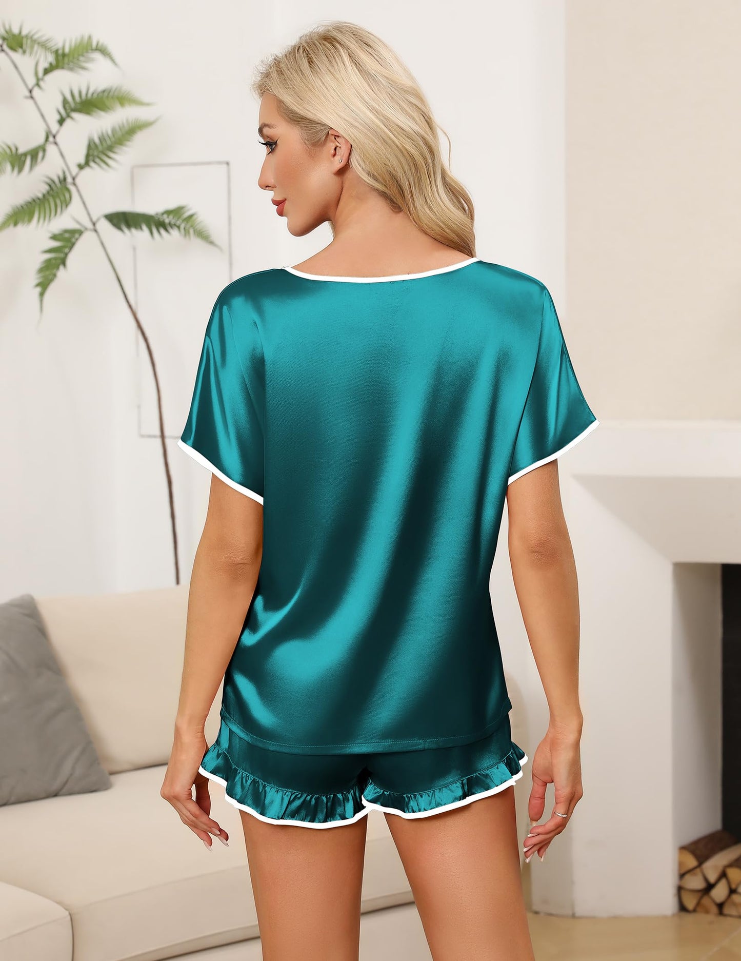 Ekouaer Satin Pajama Set for Women 2 Piece Silk Pjs Soft Short Sleeve Sleepwear Top with Ruffle Shorts S-XXL