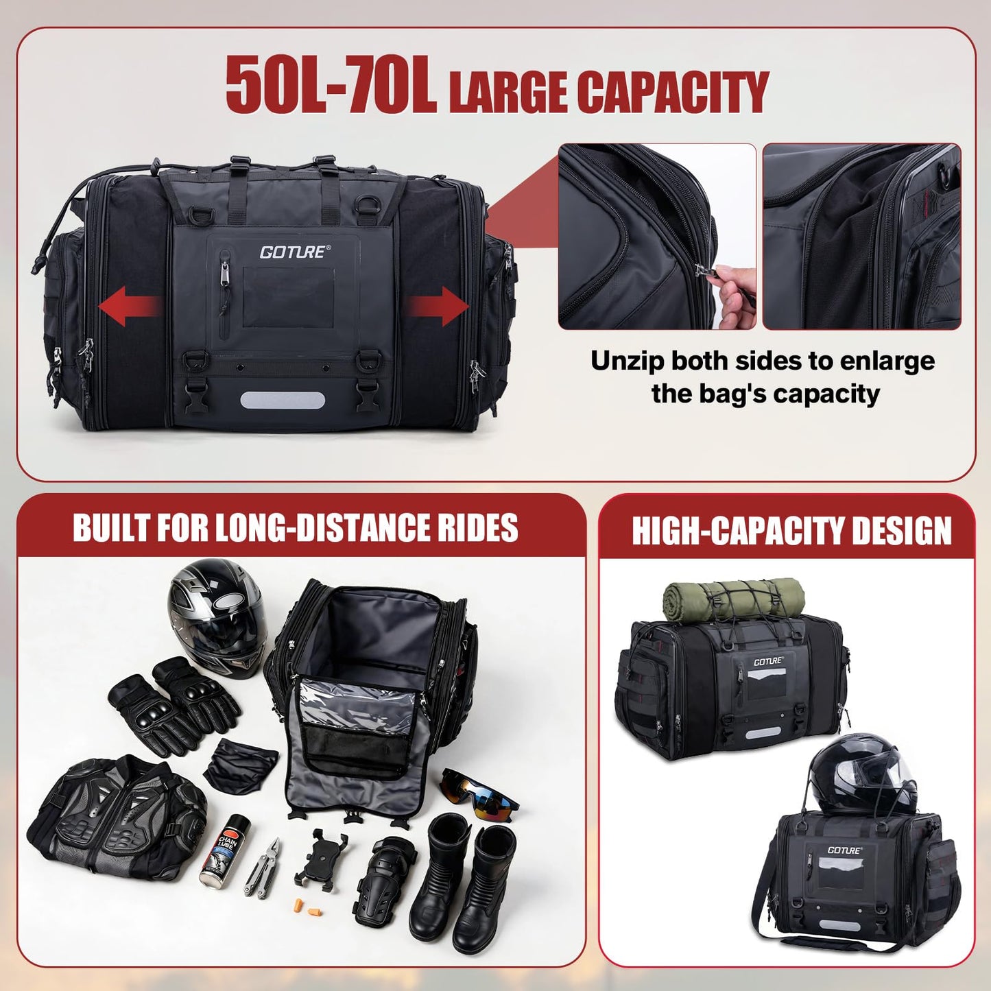 Goture 50L-70L Expandable Motorcycle Tail Bag, 1000D High-Tenacity Motorcycle Luggage Bag, Water-Repellent Motor Cycle Rear Seat Bag for Touring Cruisers with Rain Cover & Bungee Straps
