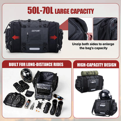Goture 50L-70L Expandable Motorcycle Tail Bag, 1000D High-Tenacity Motorcycle Luggage Bag, Water-Repellent Motor Cycle Rear Seat Bag for Touring Cruisers with Rain Cover & Bungee Straps