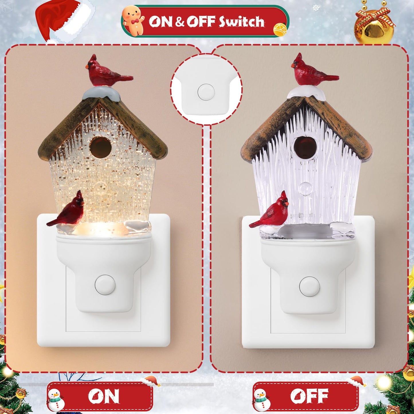 Christmas Birdhouse Night Light Plug into Wall Glitter Water Nightlight with USB/Outlet Options, Christmas Decorative Nightlight for Bedroom Kitchen Nursery Holiday Decorations Gifts (Birdhouse)