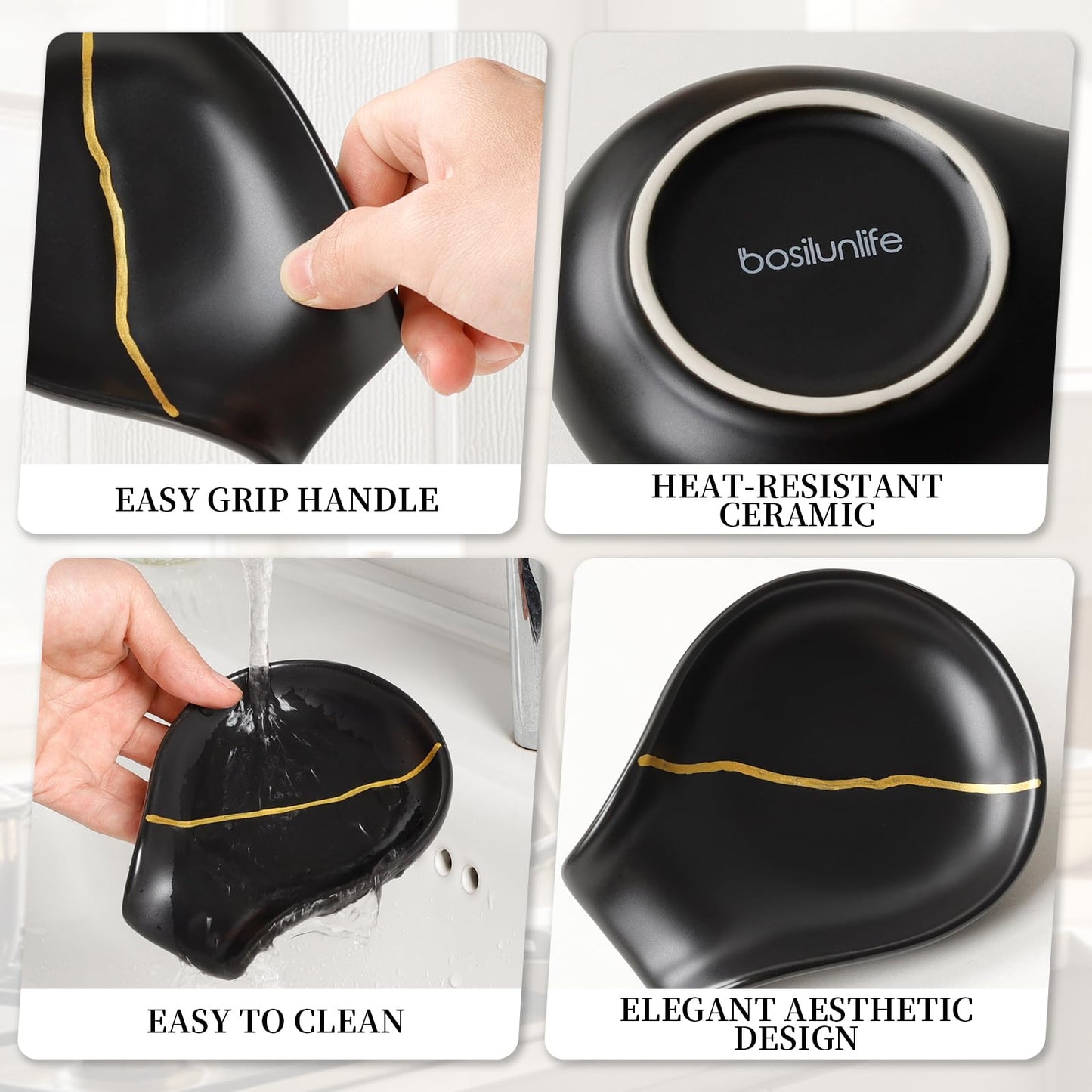 BosilunLife Black Ceramic Spoon Rest – Kintsugi Style Spoon Holder for Stove Top and Kitchen Countertop, Dishwasher Safe (Black)