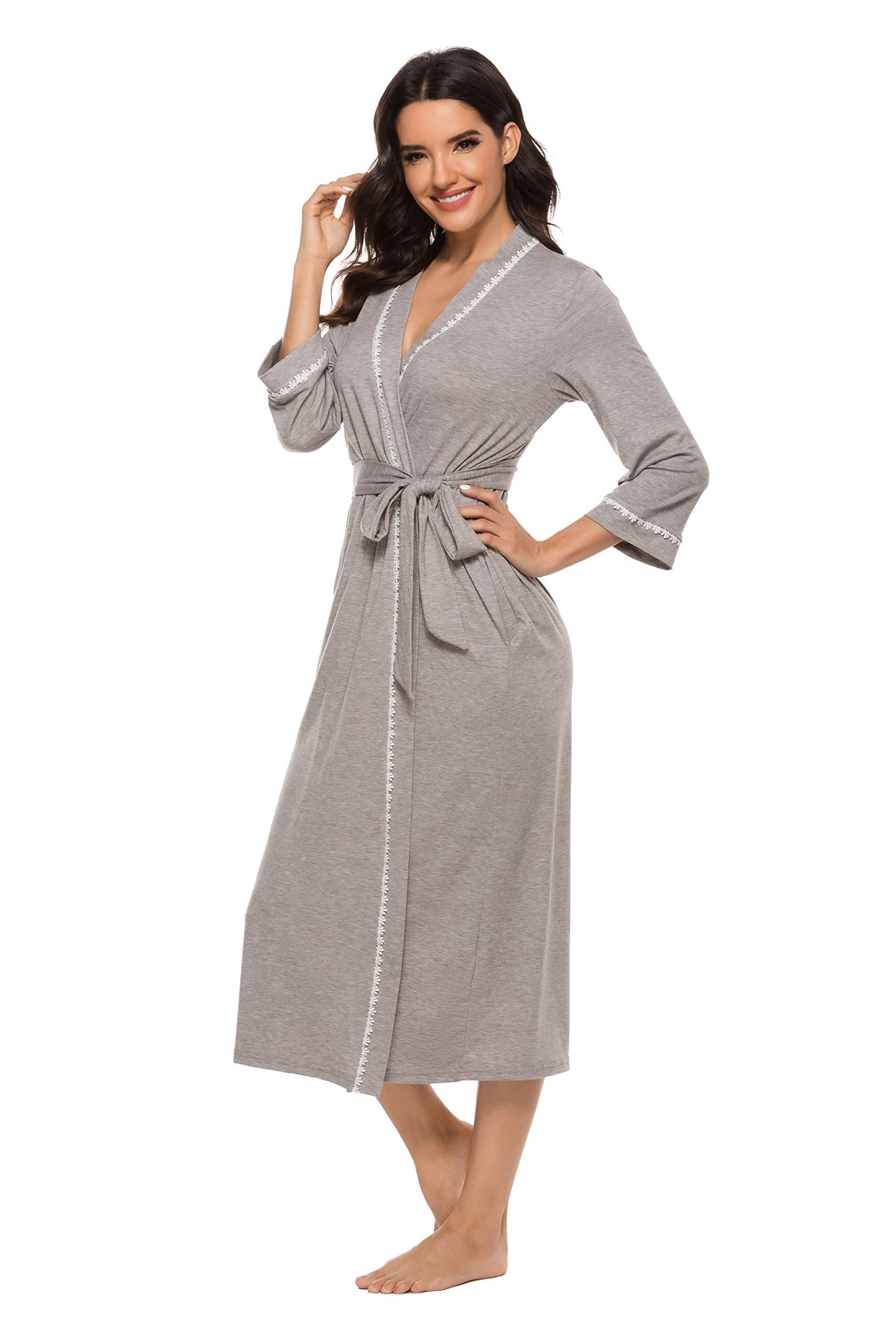 Vlazom Womens Dressing Gown Soft Kimono Robe V-Neck Long Knit Bathrobe Nightwear Sleepwear for All Seasons, Grey, XL