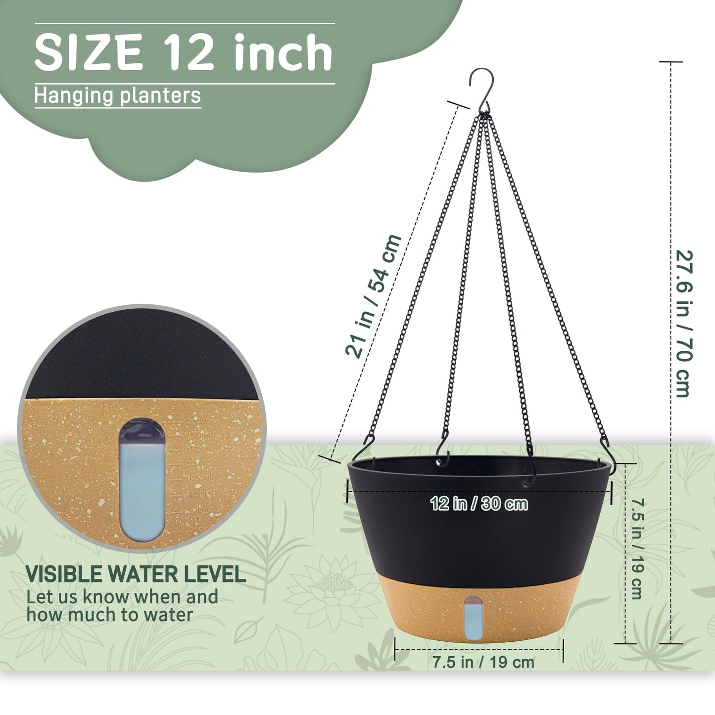 ZMTECH 12 Inch Hanging Planters for Indoor, 2 Pack Large Hanging Plant Pot with Visible Water Level and Chain, Self Watering Hanging Flower Pot for Outdoor Garden Porch(Dark Gray)