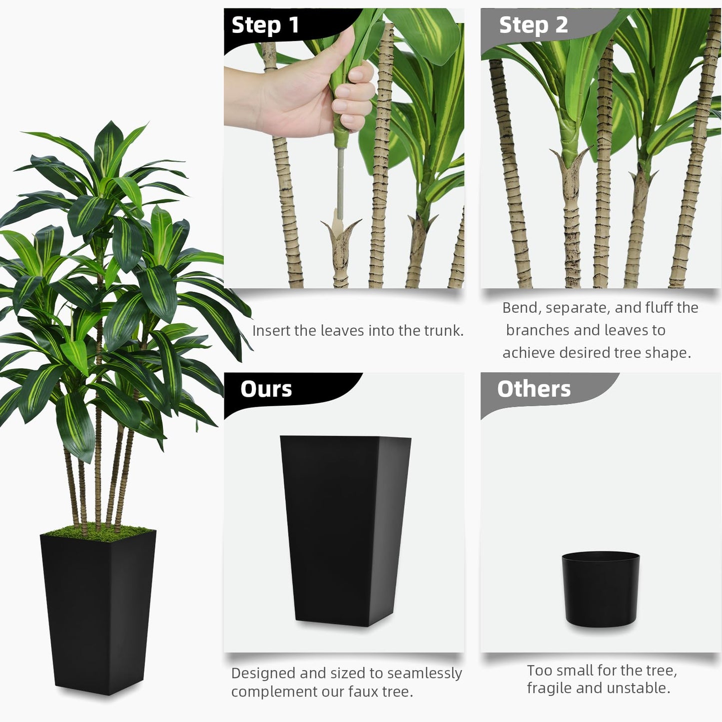 ASTIDY Artificial Dracaena Tree 5FT - Faux Tree with Black Tall Planter - Fake Tropical Yucca Floor Plant Potted - Artificial Silk Tree for Home Office Living Room Decor Indoor