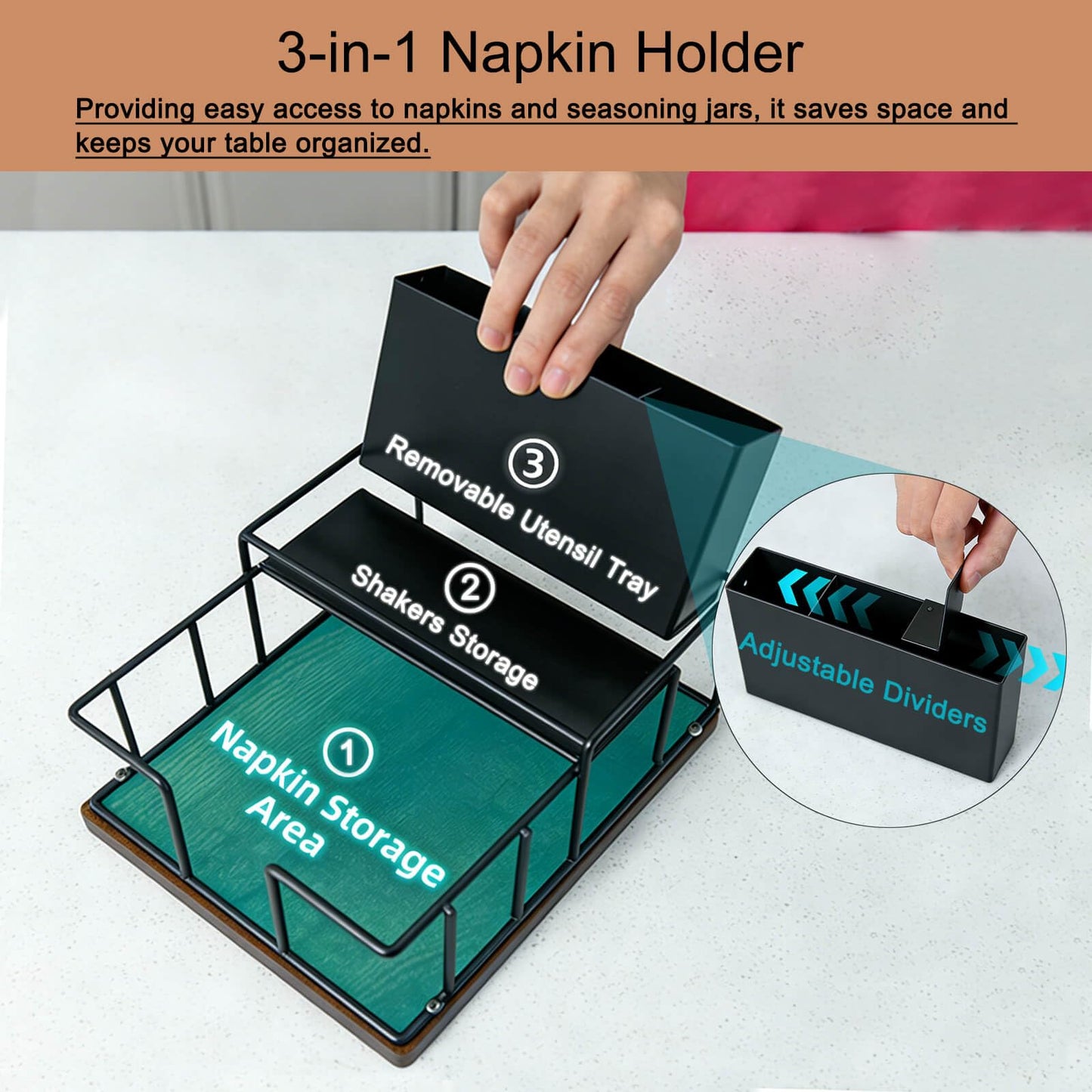 Napkin Holder for Table, Metal Napkin Holder Dispenser with Salt and Pepper Shakers Storage, 3-in-1 Utensil Holder Spice Rack for Kitchen Dining Table Buffet Patio Camping (Black)