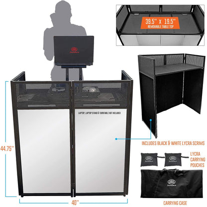 AxcessAbles Portable DJ Facade Booth with Black and White Lighting Scrims, Carry Cases | Standing DJ Table - 40" x 20" | DJ Controller Stand | Recording Mixer Stand | DJ Booth (ES-01)