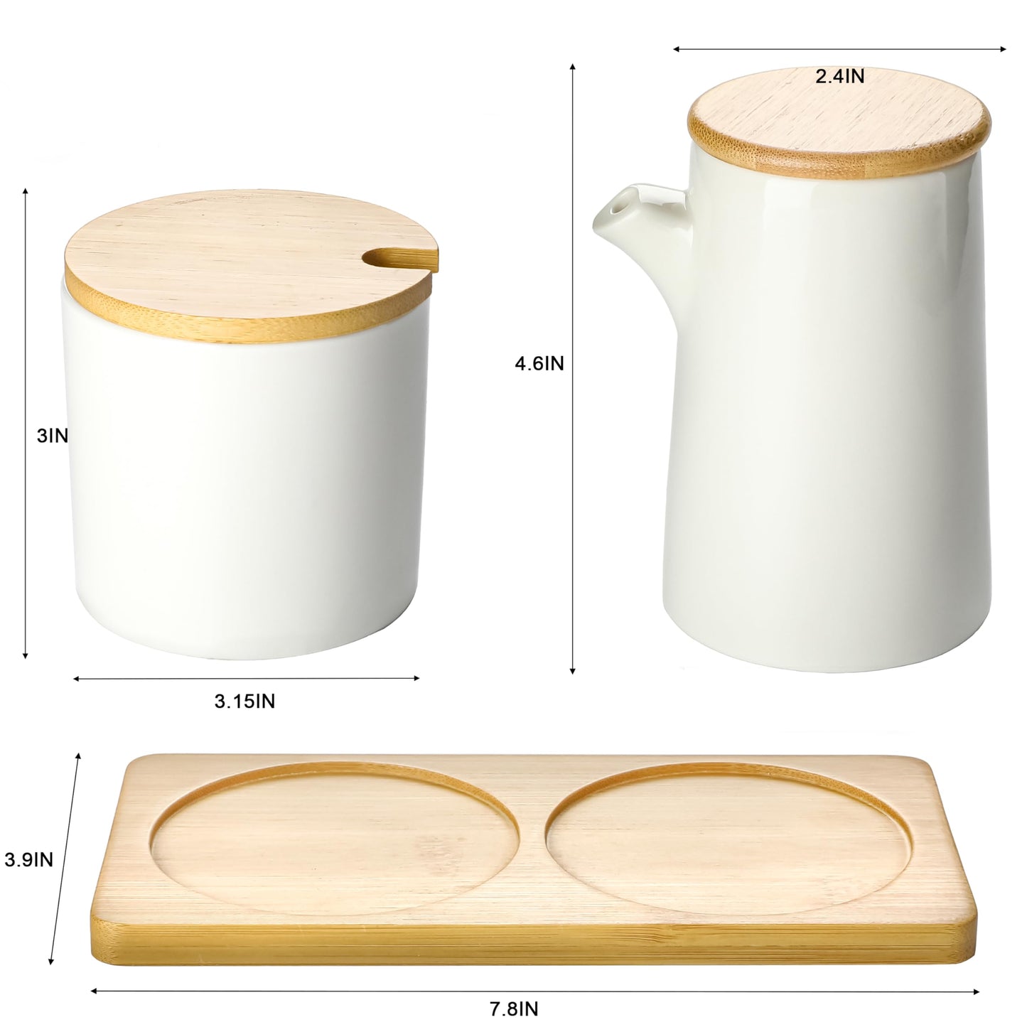 Ceramic Sugar and Creamer Set, 8oz Cream Bottle and Sugar Jars with Wooden Tray for Home Kitchen Coffee Bar