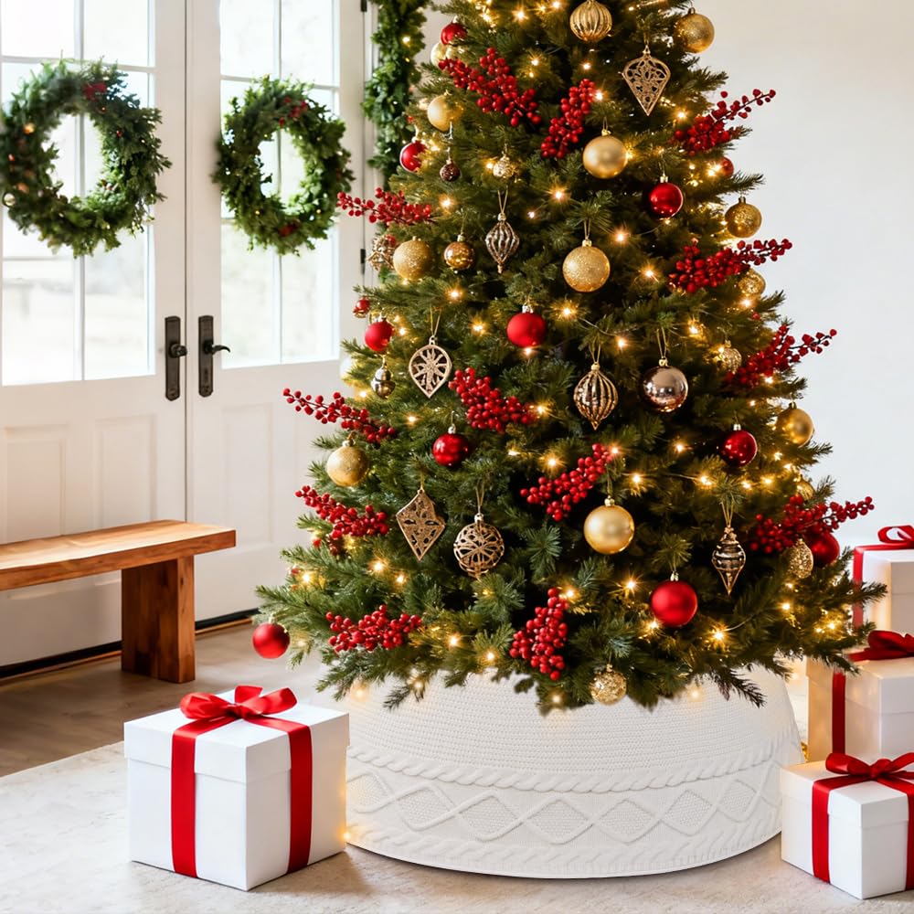 Teeanzo Christmas Tree Collar Skirt,Knitted Cream White Diamond Edge Cable Stand Farmhouse Rustic Tree Ring for Artificial Christmas Tree Base Cover Holiday Home Party Decoration