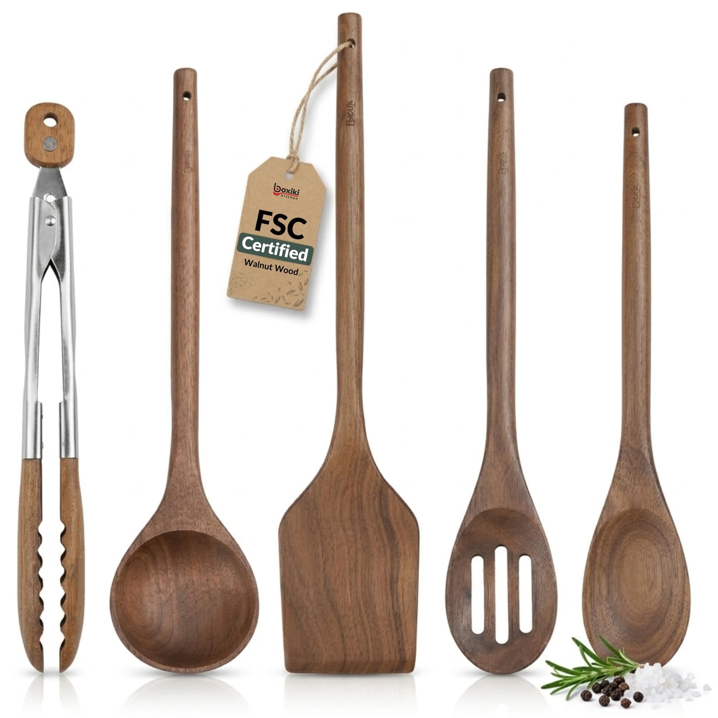 Elegant 5-Piece Walnut Wood Kitchen Utensil Set – Non-Scratch, Heat-Resistant Cooking Utensil Set with Kitchen Tongs, Spoons, Spatula & Ladle – Lightweight, Durable & Perfect for Daily Use or Gifting