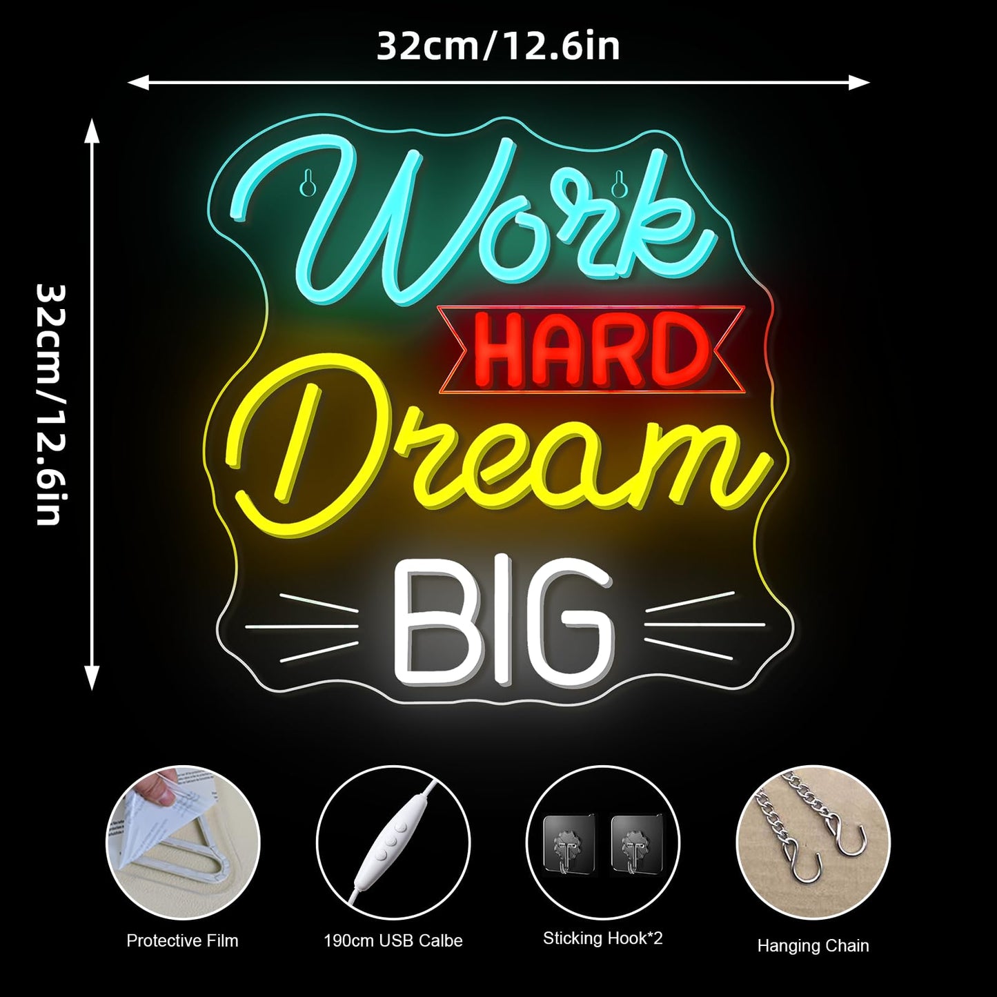 NOSUN Work Hard Dream Big Neon Sign Inspirational slogan personal studio LED Sign Wall Decor Adjustable Brightness Neon Signs USB Connect Neon Light for Bedroom Home Bar Club Hotel Party Decor
