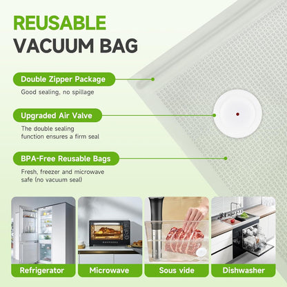 Vacuum Sealer Bags, 40 Reusable Vacuum Sealer Bags for Food, BPA-Free, Meal Prep and Sous Vide Cooking,Works for Handheld Sealer and Vac Sealer Machine with External Vacuum Systems