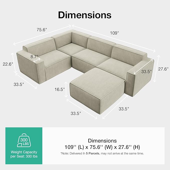 Novilla 109" Modular Sectional Sofa, No Assembly Cloud Sectional Couch