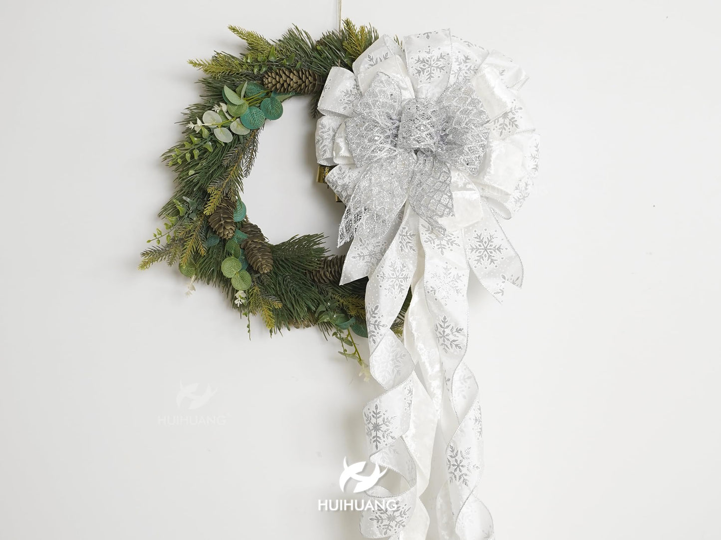 HUIHUANG Silver and White Christmas Tree Topper Bow 13 inch x 45 inch Large Glitter Christmas Bows Snowflake Velvet Bows for Christmas Tree Ornament, Wreaths, Staircase, Mantel, Home Decor