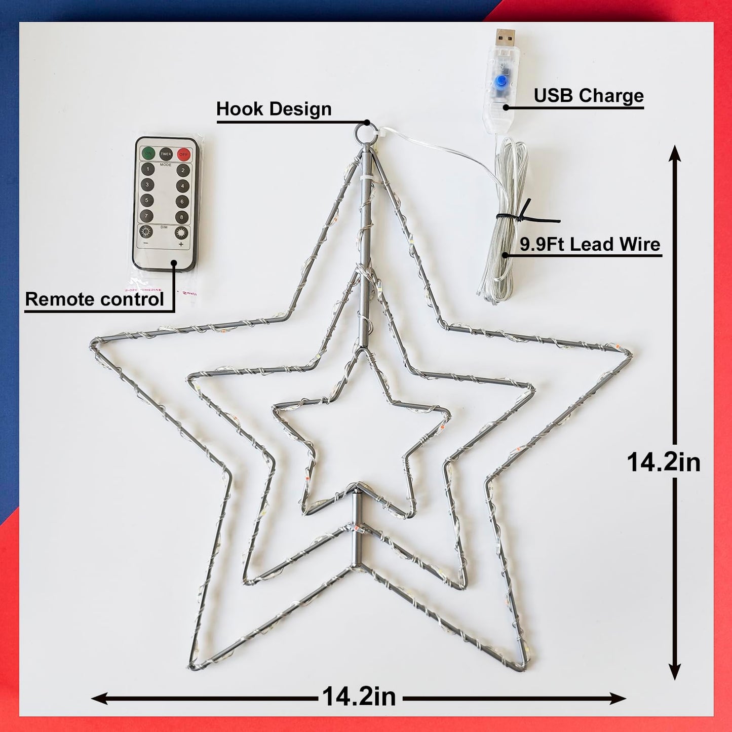 4th of July Patriotic Decorations, Red White and Blue Memorial Day Decor Star Lights, Timer 14.2In Iron Frame 70Led Fairy Star Lights, 8 Mode with Remote Window Wall Silhouette for Home
