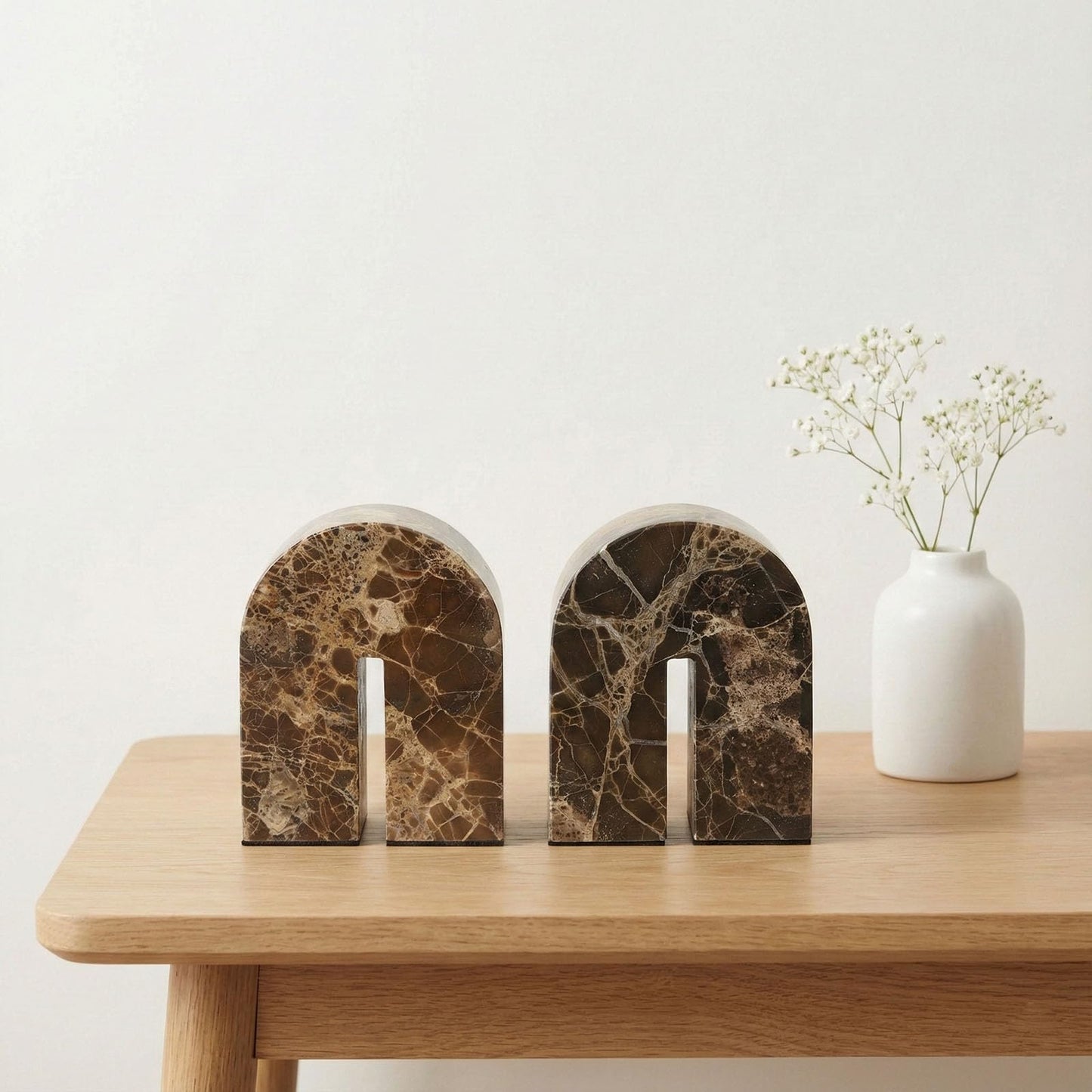 Natural Marble Bookends for Shelves,Unique Brown Arched Book Ends, Office bookends for Heavy Books, Set of 2,Heavy Duty (Brown)