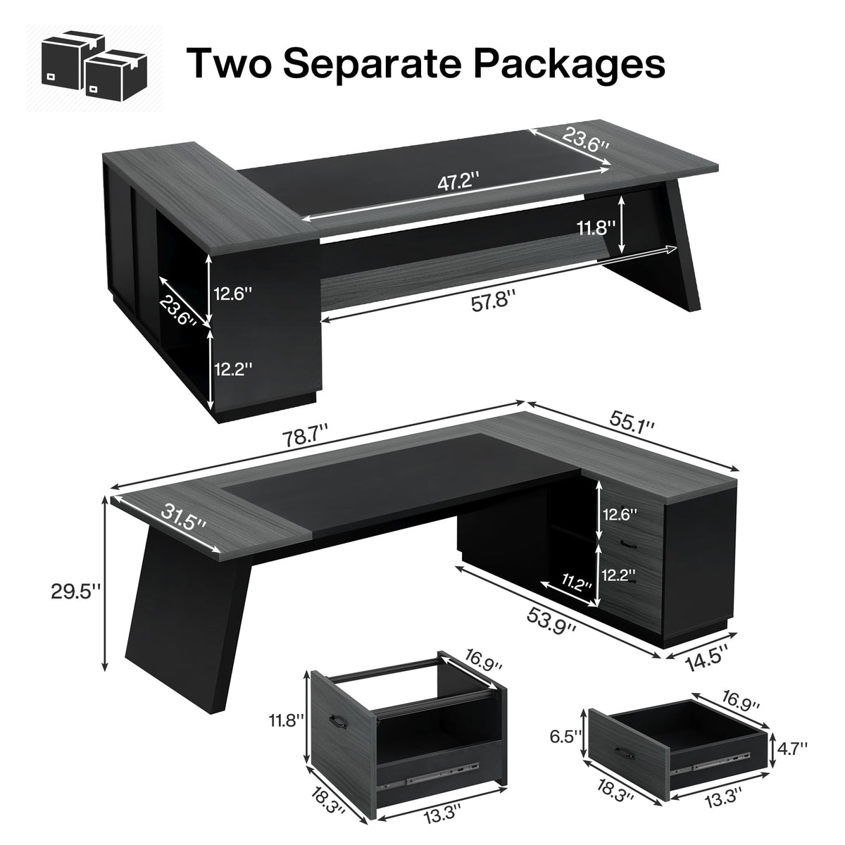 Tribesigns 78" L-Shaped Executive Desk, Large Modern Office Desk with Drawers and Lateral File Cabinet, Business Furniture with Storage Shelves, Big Computer Desk for Home Office (Grey + Blcak)