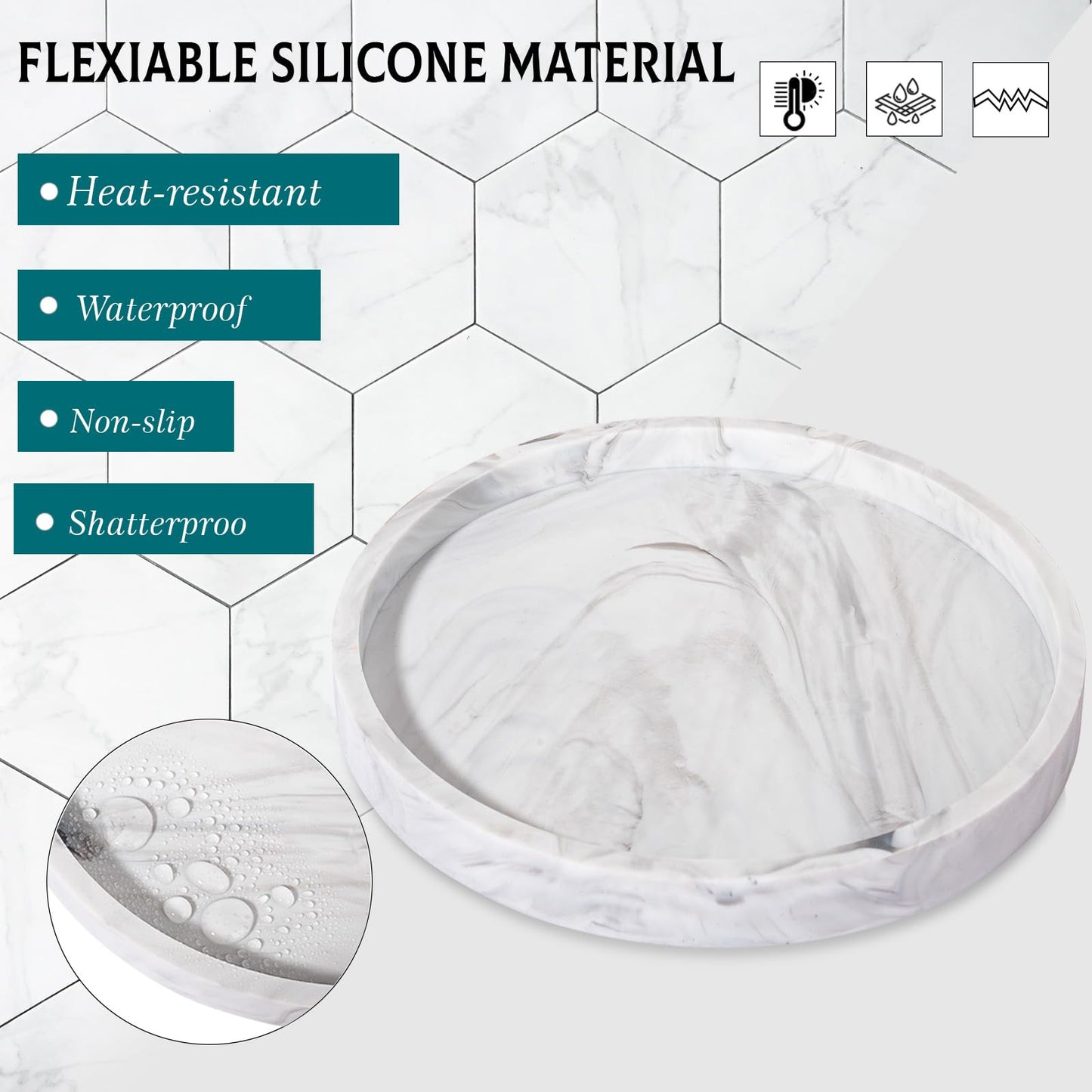 Silicone Bathroom Tray Round Vanity Tray Decorative Soap Holder Kitchen Countertop Organizer Coffee Table Decor for Candle, Perfume, Plant, 9 Inch, Marble Grey