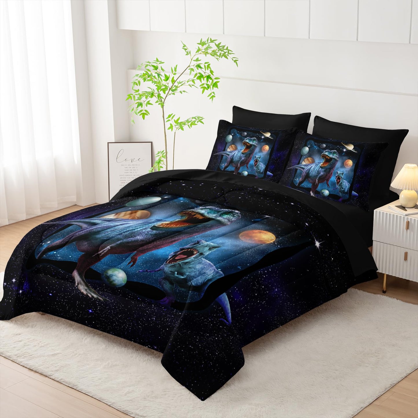 AILONEN Kids Dinosaur Comforter Set Twin Size,7Pcs Space Galaxy Bed in a Bag,Planet Dinosaur Bedding Print Boys Comforter & Fitted Sheet & Flat Sheet & 2 Pillowcases,2 Pillow Shams
