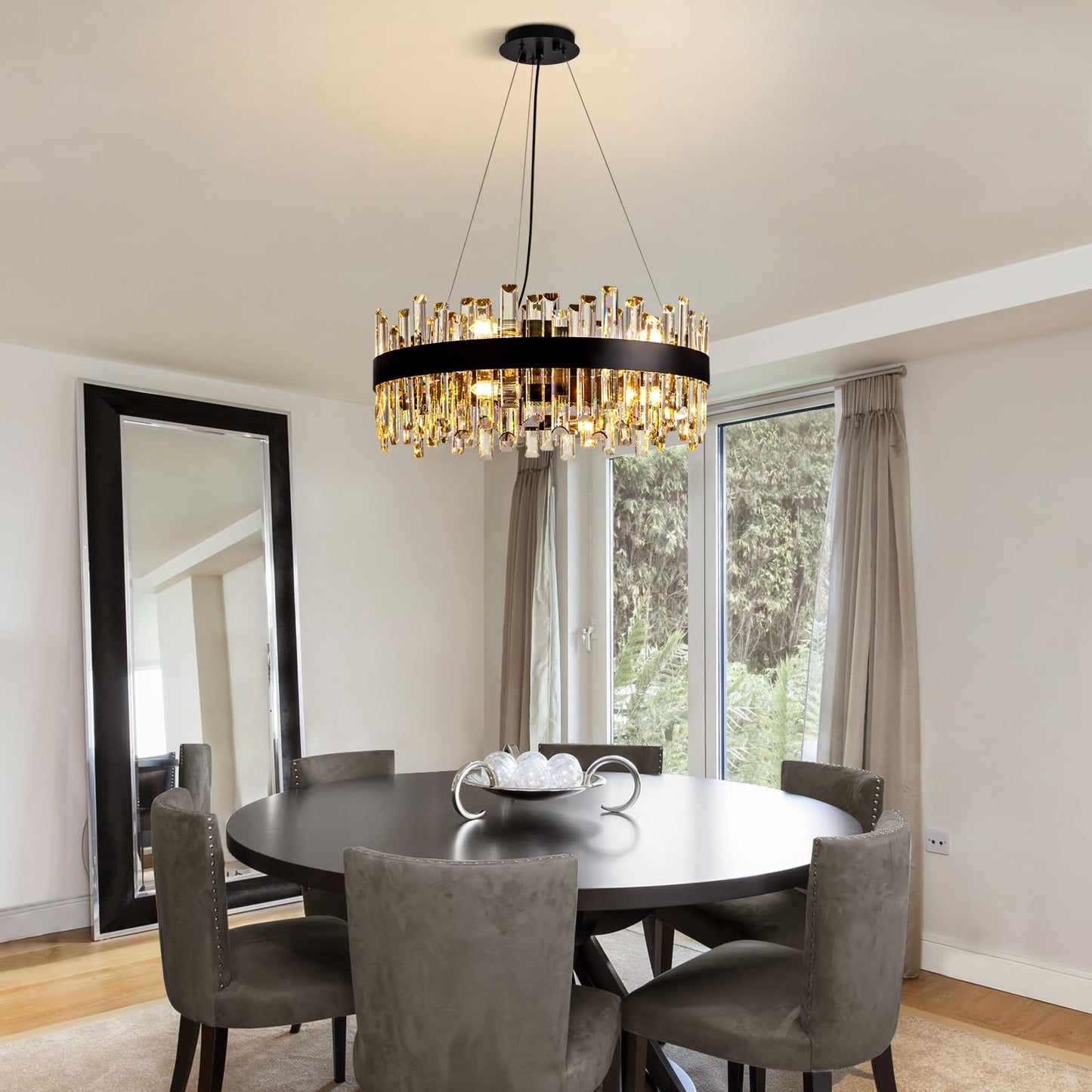Siljoy 23.6'' Modern Crystal Chandelier, Luxury 2-Tiers Raindrop K9 Crystal Adjustable Flush Mount Hanging Ceiling Light for Dining Living Room Kitchen Entryway Foyer, E12 x 12, Matte Black