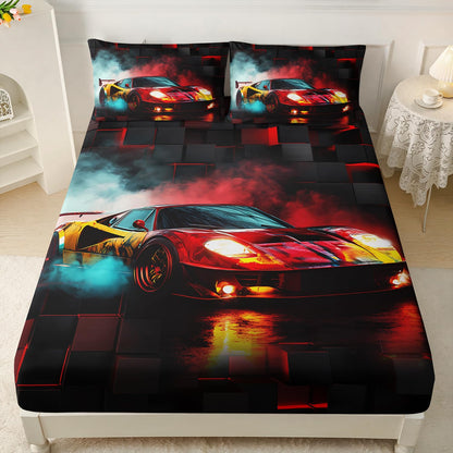 HOSIMA Boys Race Car Fitted Sheet Full,Black Red Geometric Background Pattern Lightweight Cool Extreme Sports Bedding for Kids Men Car Room Decor,1 Fitted Sheet+2 Pillowcases.
