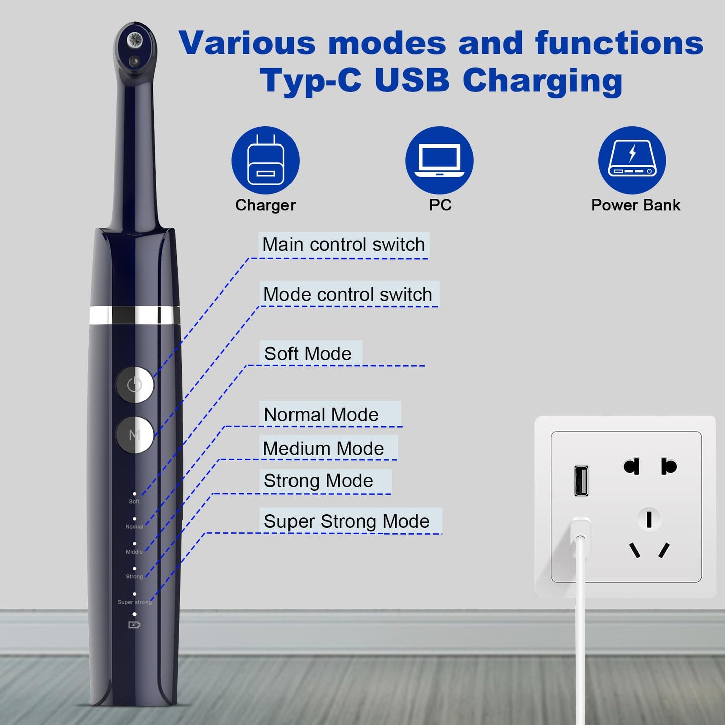 Tooth Polisher,Teeth Polishing Kit for Daily Cleaning,Polishing Then Whitening of Tooth (Professional Toothpaste Include),USB Rechargeable Dental Polisher with LED Light,6 Heads,5 Speed Modes