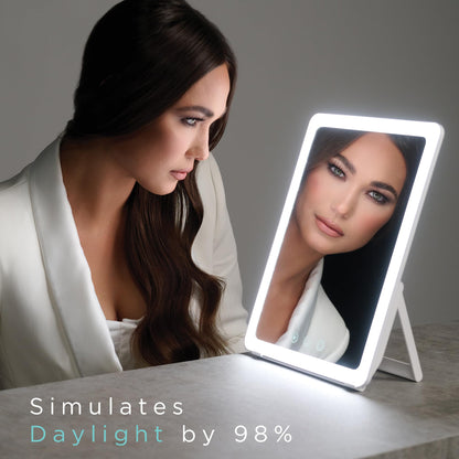 Ilios Lighting Rechargeable LED Portable Vanity Mirror — Simulates Daylight by 98%, 3 Color Modes, 5 Dimming Levels, Up to 125-Min Battery, USB-C, Touch Control, Adjustable Stand, Travel Makeup Mirror