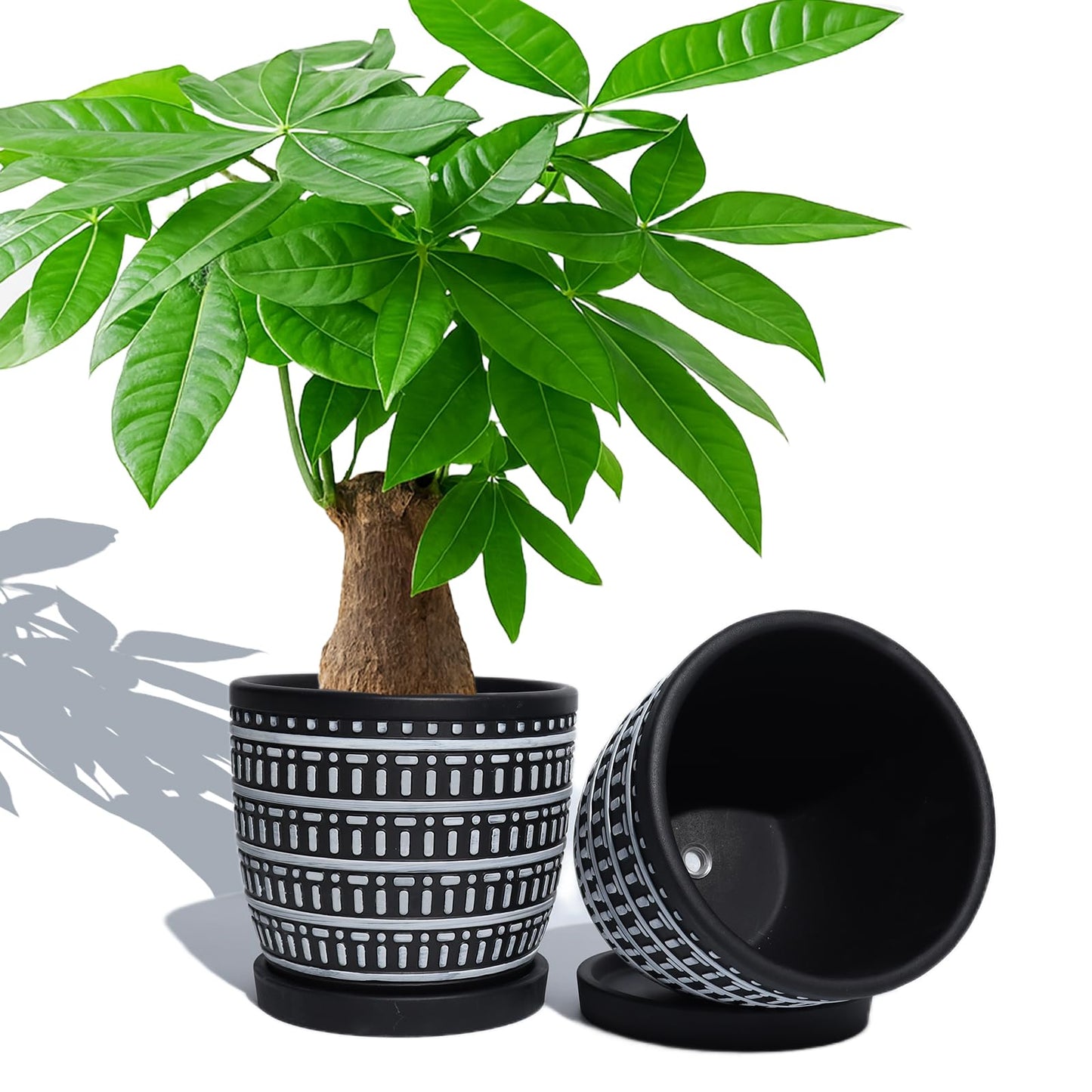 vensovo 5.8 Inch Boho Plant Pots Indoor - Artisanal Succulent Pots with Drainage Holes and Saucer, Cement Pots for Indoor Plants, Flower Pot with Rubber Pot Feet, Set of 2, White Lines and Black