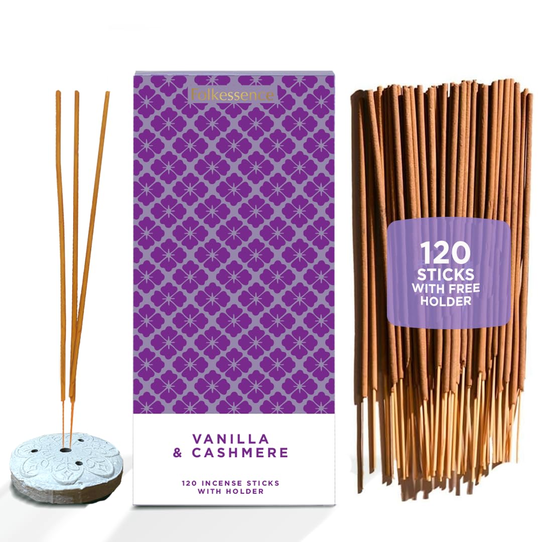 Folkulture Incense Sticks with Holder (120 Sticks)| Vanilla & Cashmere Cozy Insence-sticks For Aromatherapy, Home Fragrance |No Charcoal,Organic,Non Toxic, 45 Mins, Long Burning Luxury Inscents-sticks