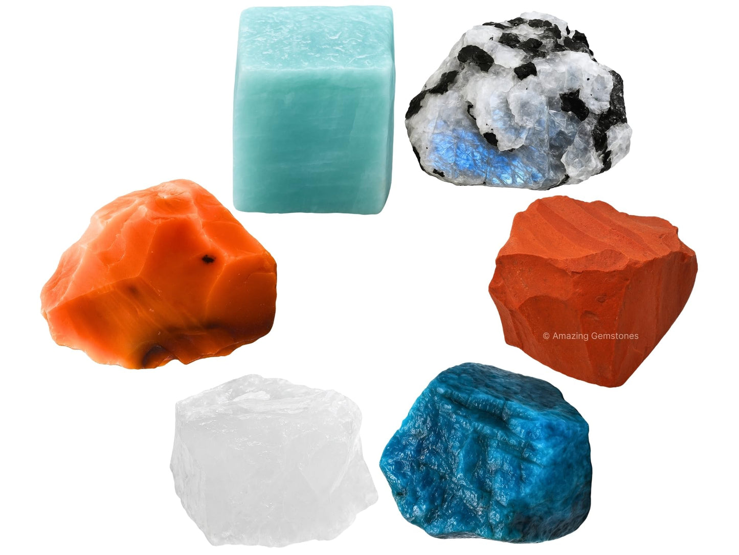 Crystals for Creativity Manifestation, Set of 6 Clear Quartz, Amazonite, Carnelian, Rainbow Moonstone, Red Jasper and Apatite Healing Crystals and Stones