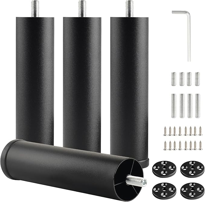 Metal Cylinder Legs for Furniture Set of 4 Pack Black 6 Inch Bed Support Legs