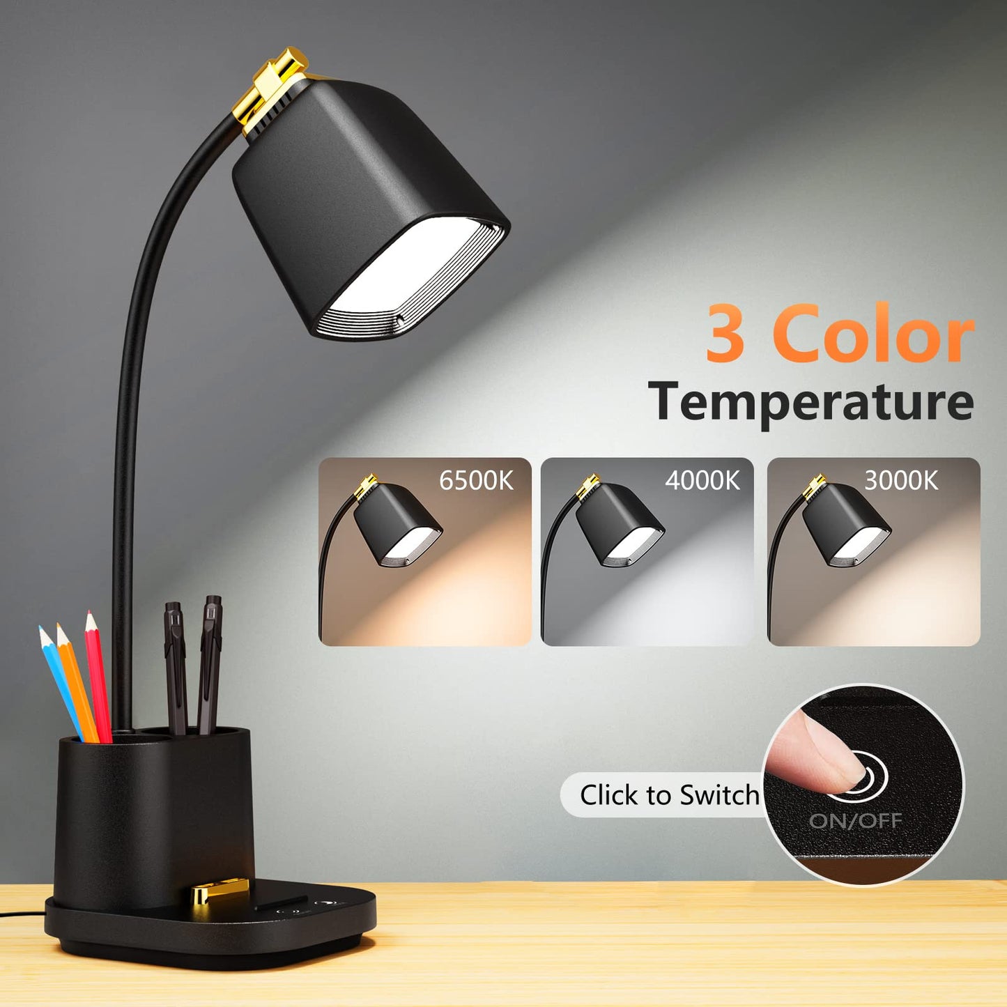 GONDSILY LED Desk Lamp with USB Charging Port Touch Control 3 Color Modes, Stepless Dimming,Eye-Caring LED Table Lamp for Home,Office,Bedroom,Reading,Work,Study, 5V, 2.4A
